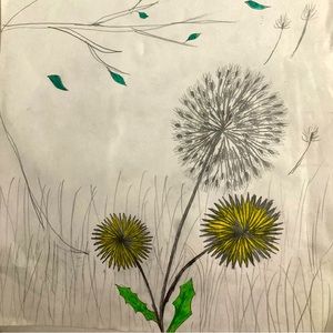 Drawing of dandelions and a tree